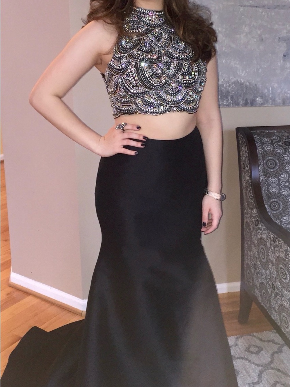 Jovani Black Beaded Halter Neck Formal Gown Prom‎ Dress Size 4 Scalloped Bodice - Picture 2 of 12